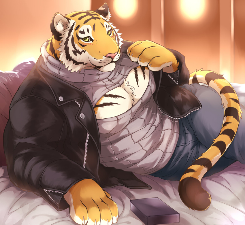anthro biceps big_muscles chest_tuft clothed clothing feline fur giraffe_(artist) jacket keyhole_turtleneck male mammal muscles nipples paws pecs shirt solo sweater tiger tuft yellow_eyes