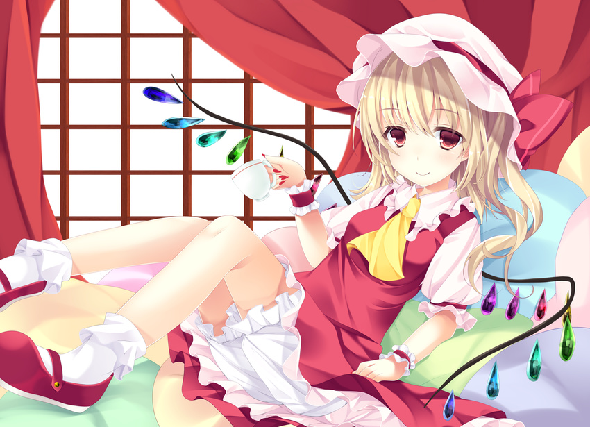 ajiriko ascot banned_artist bed blonde_hair bloomers bobby_socks canopy_bed cup dress flandre_scarlet hat mary_janes mob_cap pillow puffy_short_sleeves puffy_sleeves red_dress red_eyes shirt shoes short_sleeves side_ponytail smile socks solo teacup touhou underwear wings wrist_cuffs