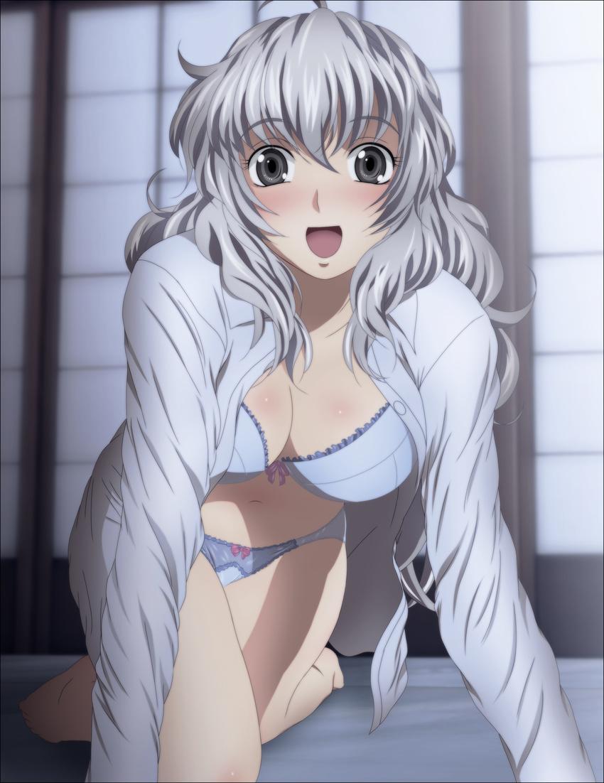 1girl absurdres all_fours barefoot bed black_eyes bra breasts cleavage feet female full_metal_panic! grey_hair happy highres large_breasts legs long_hair looking_at_viewer navel open_clothes open_mouth panties smile solo teletha_testarossa thighs underwear yadokari_genpachirou