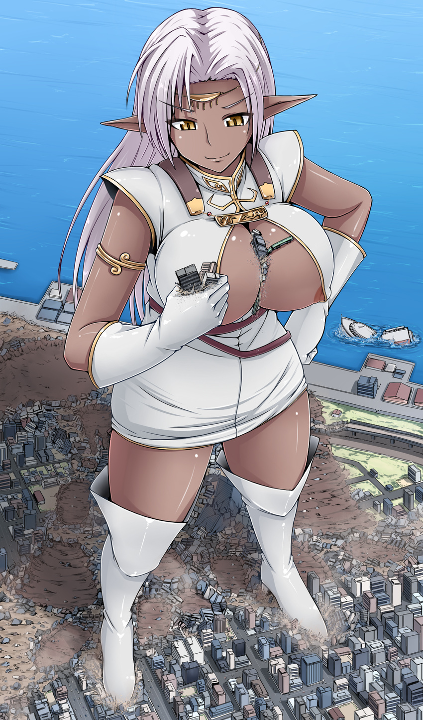 areolae between_breasts boots breasts building circlet city cleavage crushing dark_elf dark_skin destruction elf giantess gloves highres huge_breasts long_hair nipple_slip nipples ocean pirotess pointy_ears record_of_lodoss_war shiny shiny_skin ship smile solo terada_ochiko thigh_boots thighhighs watercraft white_hair yellow_eyes