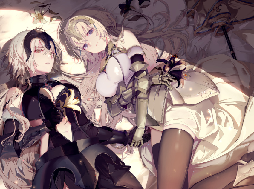 armor bed blonde_hair blue_eyes breasts chain cleavage dress elbow_gloves fate/grand_order fate_(series) flowers gloves gray_hair headdress jeanne_d'arc_(fate) jeanne_d'arc_alter long_hair thighhighs yellow_eyes yukisame