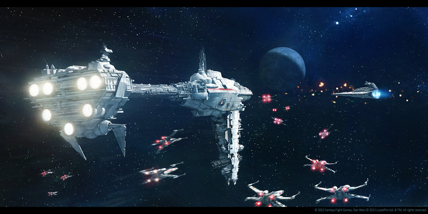 battle copyright_name fleet galactic_empire nebulon-b_frigate no_humans planet realistic rebel_alliance science_fiction space space_craft star star_(sky) star_destroyer star_wars starfighter t-65_x-wing x-wing