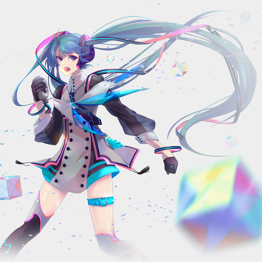 :d aqua_hair belt black_legwear blurry bracelet buttons contrapposto cube depth_of_field gloves hair_ornament hair_ribbon hatsune_miku highres holding holding_microphone hoshima jewelry leg_belt long_hair microphone music open_mouth ribbon singing smile solo standing thigh_strap twintails v-shaped_eyebrows very_long_hair vocaloid