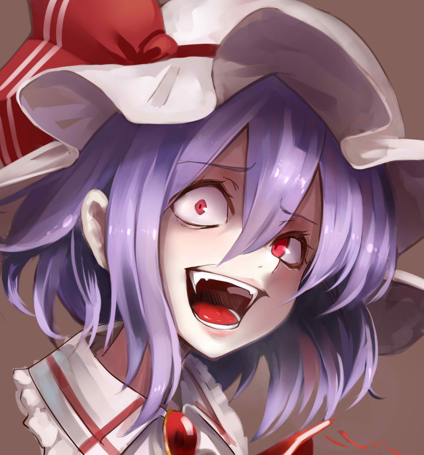 ascot brooch crazy_eyes crazy_laugh fami_(yellow_skies) fangs hat hat_ribbon highres jewelry looking_at_viewer mob_cap purple_hair red_eyes red_ribbon remilia_scarlet ribbon shirt short_hair solo touhou upper_body