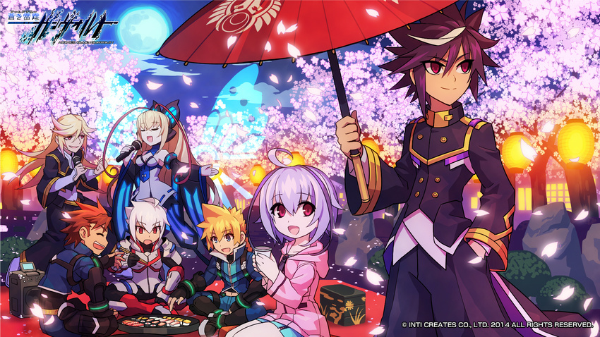 5boys acura_(gunvolt) azure_striker_gunvolt blonde_hair brown_hair cherry_blossoms chopsticks company_name dated egasumi food gino_(gunvolt) gradient_hair gunkanmaki gunvolt hanami hatakeyama_yoshitaka highres hood hoodie joule_(gunvolt) lantern lumen_(gunvolt) makizushi microphone multicolored_hair multiple_boys multiple_girls nigirizushi obentou official_art omelet oriental_umbrella outdoors pantera_(gunvolt) paper_lantern picnic purple_hair red_hair shiden_(gunvolt) sitting stereo sushi tamagoyaki two-tone_hair umbrella wallpaper