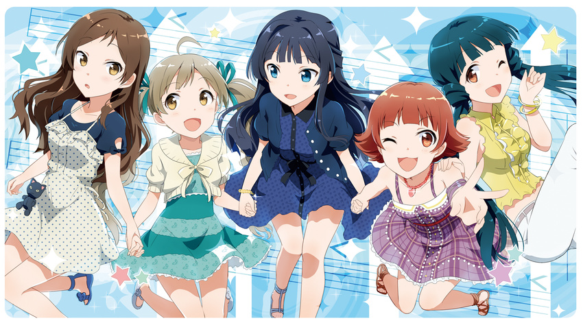 :d ;3 ;d ahoge black_hair blue_eyes bow brown_eyes brown_hair casual crescendo_blue dress gochou_(atemonai_heya) hair_bow hair_ribbon hakozaki_serika highres holding_hands idolmaster idolmaster_million_live! jewelry kitakami_reika kitazawa_shiho long_hair mogami_shizuka multiple_girls necklace nonohara_akane one_eye_closed open_mouth plaid plaid_dress polka_dot polka_dot_dress ribbon short_hair smile twintails