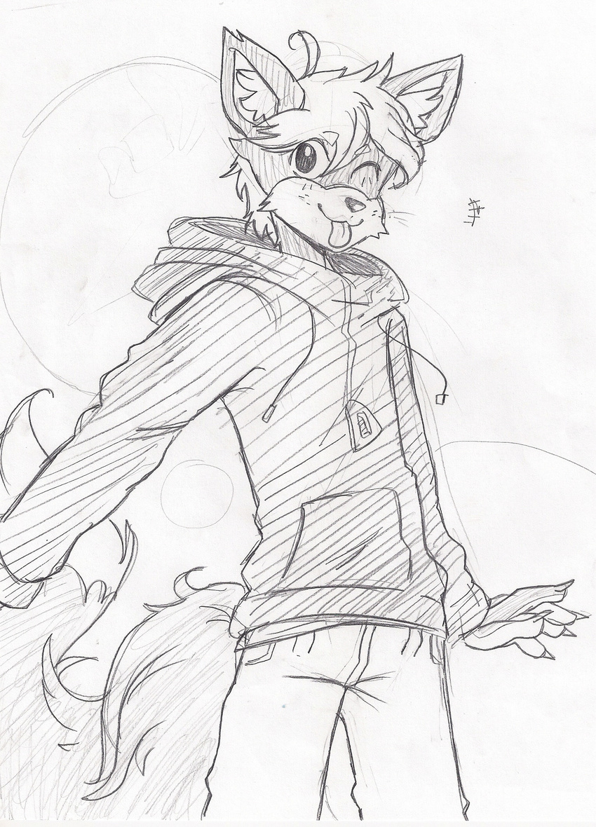 big_eyes canine clothing cute fingernails fox hair hoodie invalid_tag kawaai mammal ne0pe one_eye_closed pants sam_futon sketch tongue tongue_out wink zip