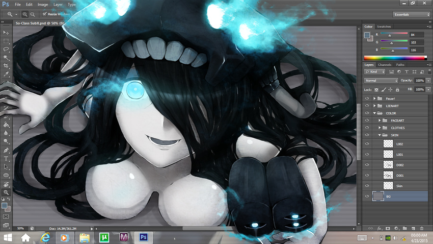 2015 adobe_photoshop aqua_eyes black_hair breasts bushidokuroi dated desktop fourth_wall from_above glowing glowing_eyes hair_over_one_eye hat highres holding internet_explorer kantai_collection large_breasts long_hair looking_at_viewer looking_up no_nipples nude open_mouth pale_skin shinkaisei-kan smile so-class_submarine solo through_screen upper_body utorrent windows windows_8 windows_media_center