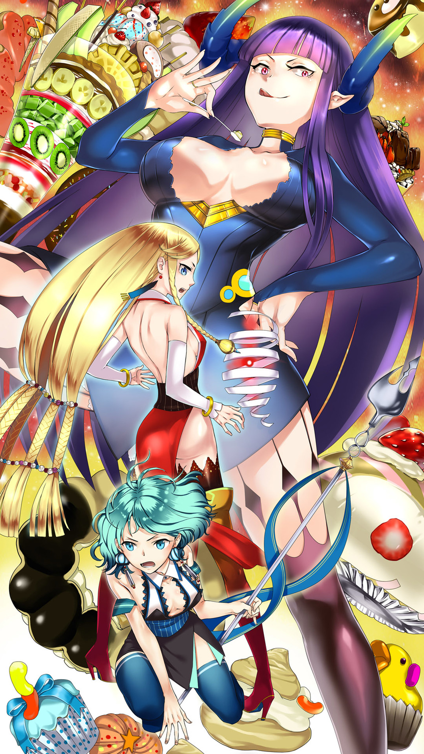 ass back banana_slice black_legwear blonde_hair blue_eyes blue_hair blue_legwear bracelet braid breasts candy chocolate cleavage cleavage_cutout cream_puff cupcake doughnut earrings food french_cruller fruit highres hime_cut horns jelly_bean jewelry kiwifruit kneeling large_breasts licking_lips long_hair looking_at_viewer medium_breasts multiple_girls open_mouth original parfait pastry pocky pointy_ears polearm pon_de_ring pudding purple_hair red_eyes rubber_duck short_hair sideboob sleeveless spear spoon strawberry thighhighs tongue tongue_out wafer_stick weapon yamanashi_kawanashi