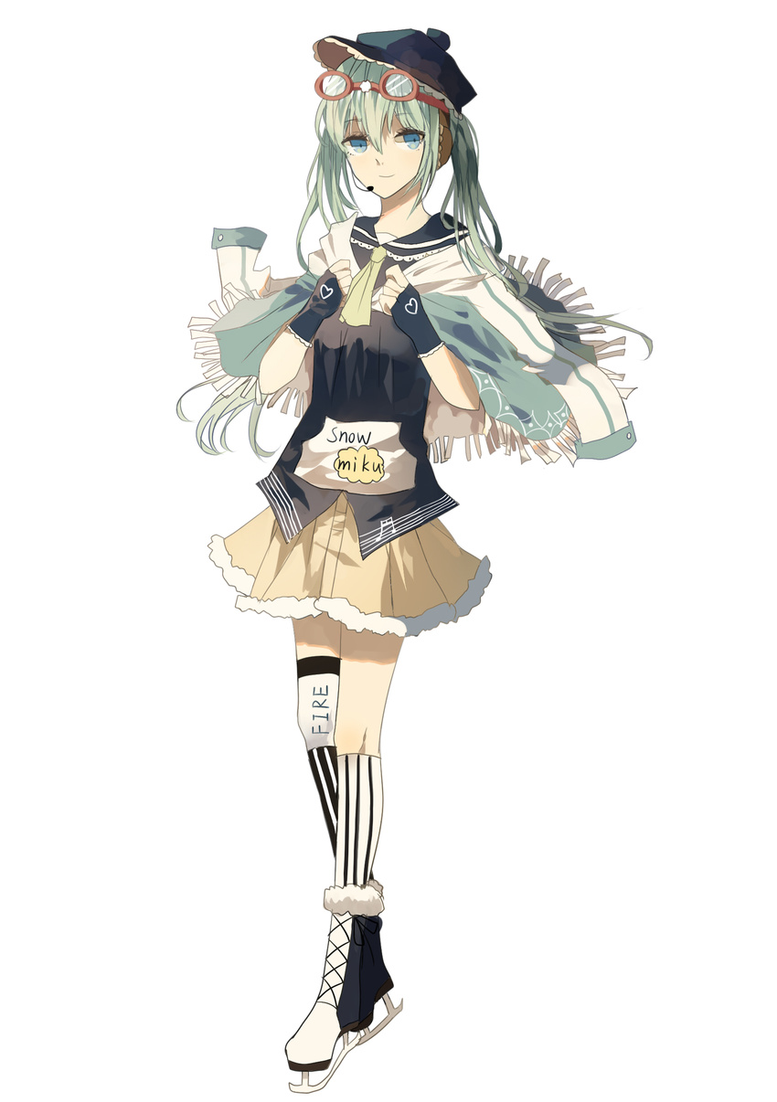 absurdres alternate_costume blue_eyes cape chocolate_(jitong) fingerless_gloves frilled_skirt frills gloves goggles goggles_on_head green_hair hat hatsune_miku highres ice_skates long_hair microphone skates skirt solo striped striped_legwear twintails vocaloid