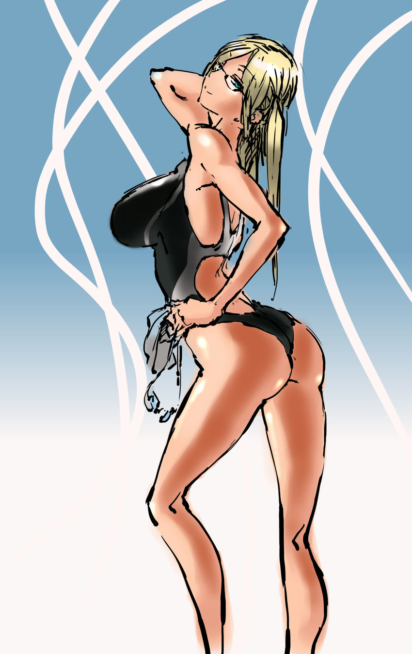 ass bad_anatomy bangs blonde_hair blue_eyes breasts competition_swimsuit glasses goggles goggles_removed gradient gradient_background hand_on_hip head_tilt highres large_breasts long_hair nameo_(judgemasterkou) one-piece_swimsuit original parted_bangs pose semi-rimless_eyewear solo swimsuit under-rim_eyewear