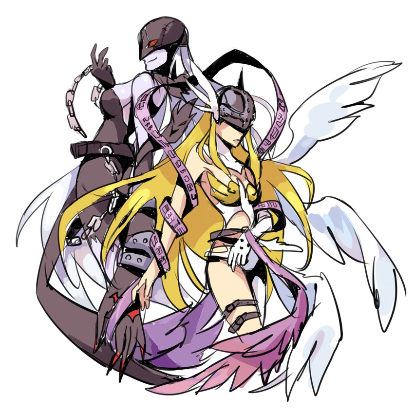 2girls angel angel_and_devil angewomon ass bare_shoulders blonde_hair blush bodysuit breasts demon_girl digimon digimon_adventure grey_hair grey_skin helmet hetero ladydevimon long_hair mooopl multiple_girls red_eyes smile torn_clothes wing winged_helmet wings