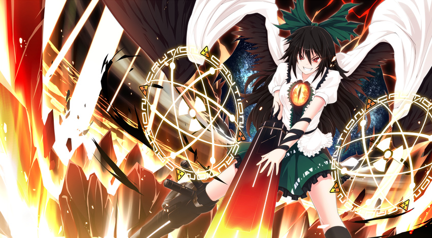 :d alternate_weapon black_hair control_rod grin hair_ribbon long_hair looking_at_viewer magic_circle open_mouth red_eyes reiuji_utsuho ribbon smile solo third_eye touhou ugume v-shaped_eyebrows weapon