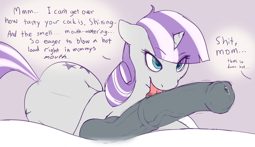 2015 animal_genitalia atrolux balls cutie_mark dialogue duo english_text equine female friendship_is_magic hair hi_res horn horsecock incest licking male male/female mammal mother mother_and_son my_little_pony oral parent penis penis_lick plain_background precum saliva sex shining_armor_(mlp) son text tongue tongue_out twilight_velvet_(mlp) two_tone_hair unicorn vein