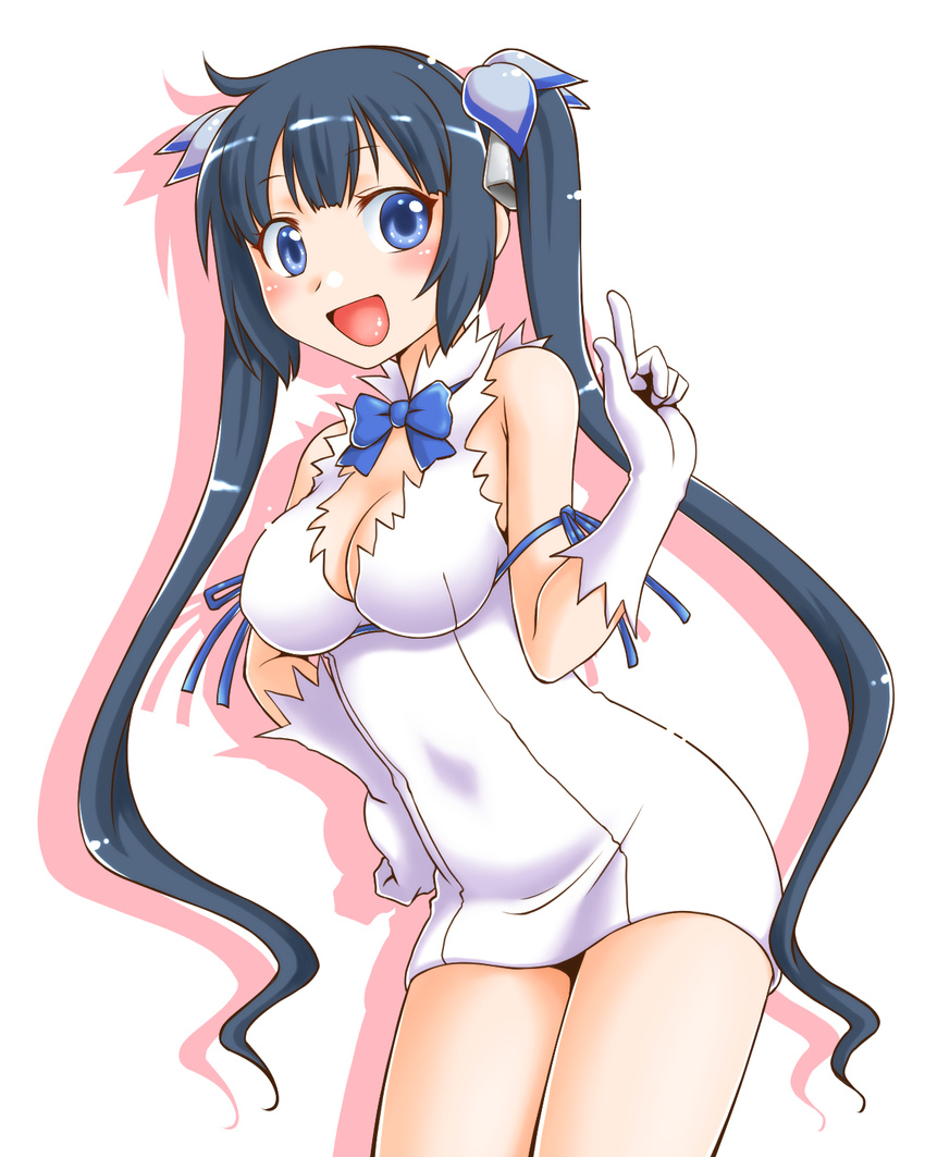 :d black_hair blue_eyes blue_ribbon breasts cleavage dungeon_ni_deai_wo_motomeru_no_wa_machigatteiru_darou_ka gloves hair_ribbon hand_on_hip hestia_(danmachi) highres long_hair medium_breasts nishi_kita open_mouth rei_no_himo ribbon simple_background smile solo twintails white_background white_gloves