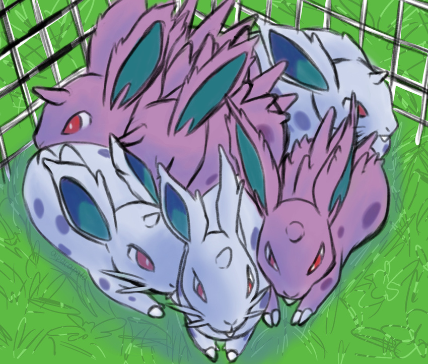 alpacapala cute eyes_closed fangs female grass horn male nidoran nidoran♀ nidoran♂ nintendo outside pok&eacute;mon red_eyes teeth video_games