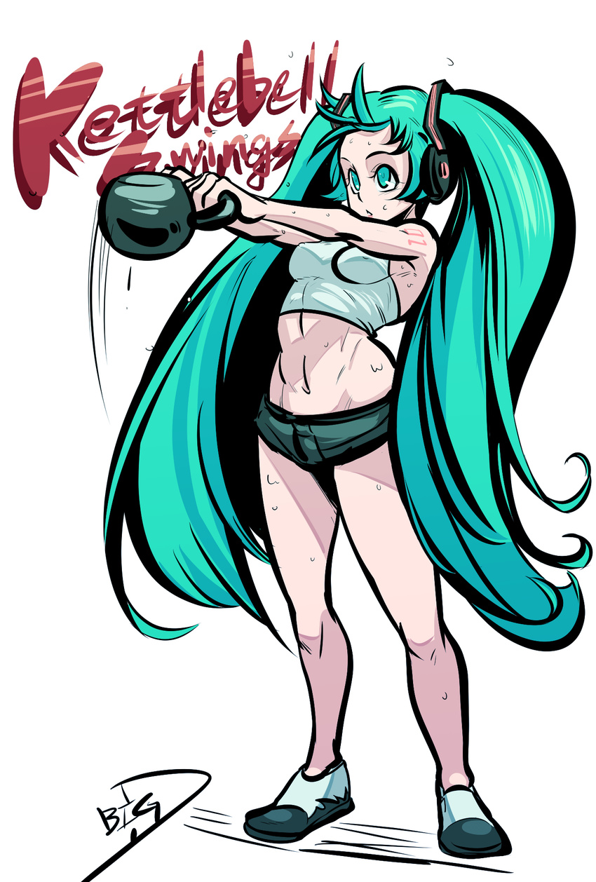 aqua_eyes aqua_hair big-d breasts covered_nipples exercise flats focused full_body hatsune_miku headphones highres long_hair short_shorts shorts small_breasts solo sports_bra sweat tattoo toned twintails very_long_hair vocaloid weights