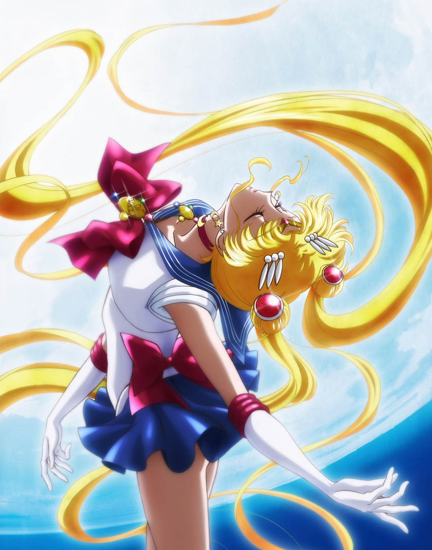 absurdres bishoujo_senshi_sailor_moon bishoujo_senshi_sailor_moon_crystal blonde_hair blue_sailor_collar blue_skirt bow brooch choker circlet closed_eyes cowboy_shot double_bun earrings elbow_gloves floating_hair gloves hair_ornament hairclip highres jewelry long_hair magical_girl moon moonlight night official_art outstretched_arm parted_lips pose red_bow red_choker sailor_collar sailor_moon sailor_senshi_uniform sakou_yukie skirt solo sparkle tsukino_usagi twintails very_long_hair white_gloves
