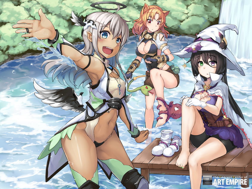 463_jun :d absurdres angel_wings anger_vein animal_ears bare_legs barefoot between_breasts bike_shorts black_hair blue_eyes bodysuit boots_removed breasts cape cat_ears cat_tail chameleon cleavage dark_skin dock fingerless_gloves gauntlets gloves green_eyes halo hat heterochromia highres jewelry lake large_breasts long_hair looking_at_viewer low_wings midriff multiple_girls navel navel_cutout octopus open_mouth orange_hair original outstretched_arm outstretched_hand pointy_ears purple_eyes red_eyes revealing_clothes ring shorts silver_hair sitting small_breasts smile snake soaking_feet standing standing_on_one_leg tail thighhighs toenail_polish very_long_hair wading water waterfall wings witch_hat