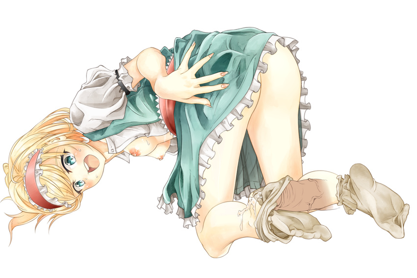 1girl alice_margatroid all_fours arm_support ass bad_id bad_pixiv_id banned_artist blonde_hair blue_eyes blush cum cum_on_clothes dress footjob hairband hetero looking_back open_mouth panties panty_pull penis short_hair socks soles solo_focus spread_toes toes touhou tsushima_(kaikyo) underwear