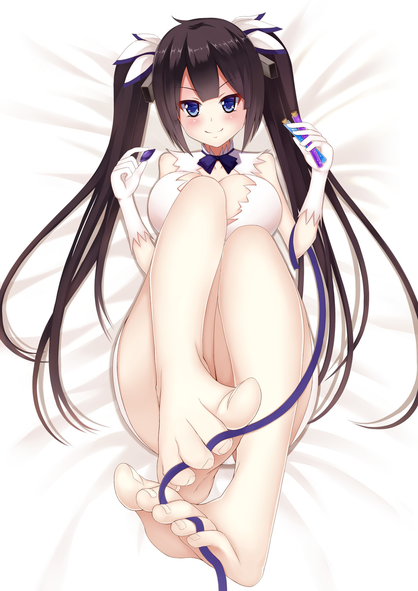 absurdres barefoot between_toes black_hair blue_eyes blush breasts choker cleavage cleavage_cutout dress dungeon_ni_deai_wo_motomeru_no_wa_machigatteiru_darou_ka feet foot_hold gloves hair_ribbon hestia_(danmachi) highres large_breasts legs legs_up long_hair looking_at_viewer lying on_back otono_fei potion rei_no_himo ribbon ribbon_choker smile soles solo toes twintails white_dress white_gloves wiggling_toes