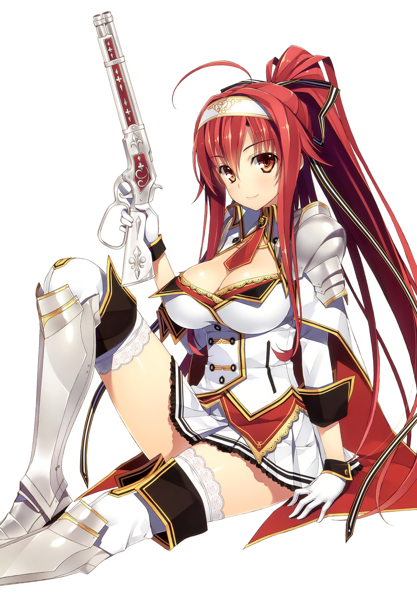 absurdres ahoge arm_support armor armored_boots boots breasts cape cleavage cleavage_cutout gloves greaves gun hair_ribbon hairband highres juukishi_cutie_bullet lace lace-trimmed_thighhighs large_breasts leg_up long_hair minami_mayu pauldrons pleated_skirt ponytail red_eyes red_hair ribbon rifle sidelocks simple_background sitting skirt smile solo thigh_boots thighhighs uniform very_long_hair weapon white_background white_gloves white_legwear yuuki_hagure