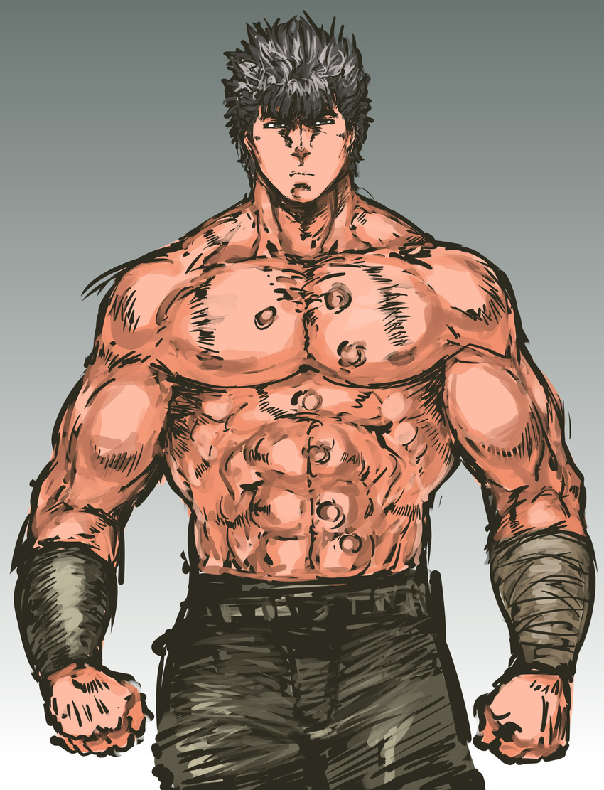 abs clenched_hands highres hokuto_no_ken kenshirou male_focus manly muscle nameo_(judgemasterkou) scar shirtless solo upper_body wrist_wrap