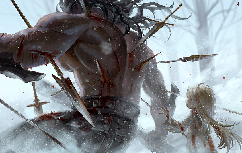 1girl bad_id bad_pixiv_id berserker black_hair blonde_hair blood bloody_clothes bloody_dress child dress fate/stay_night fate_(series) illyasviel_von_einzbern impaled long_hair long_sleeves muscle polearm protecting seeker size_difference snow snowing spear sword topless tree weapon white_dress wide_sleeves younger