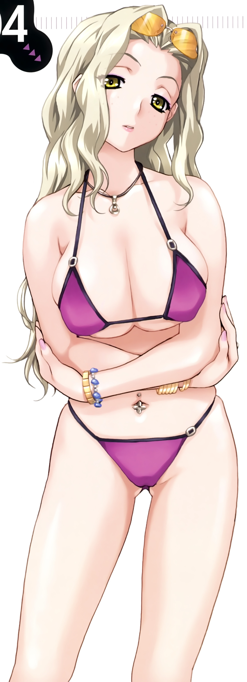 absurdres ass_visible_through_thighs bikini blonde_hair bracelet breasts crossed_arms eyewear_on_head freckles happoubi_jin highres huge_breasts jewelry long_hair navel necklace resort_boin shinjou_kanae solo sunglasses swimsuit underboob yellow_eyes
