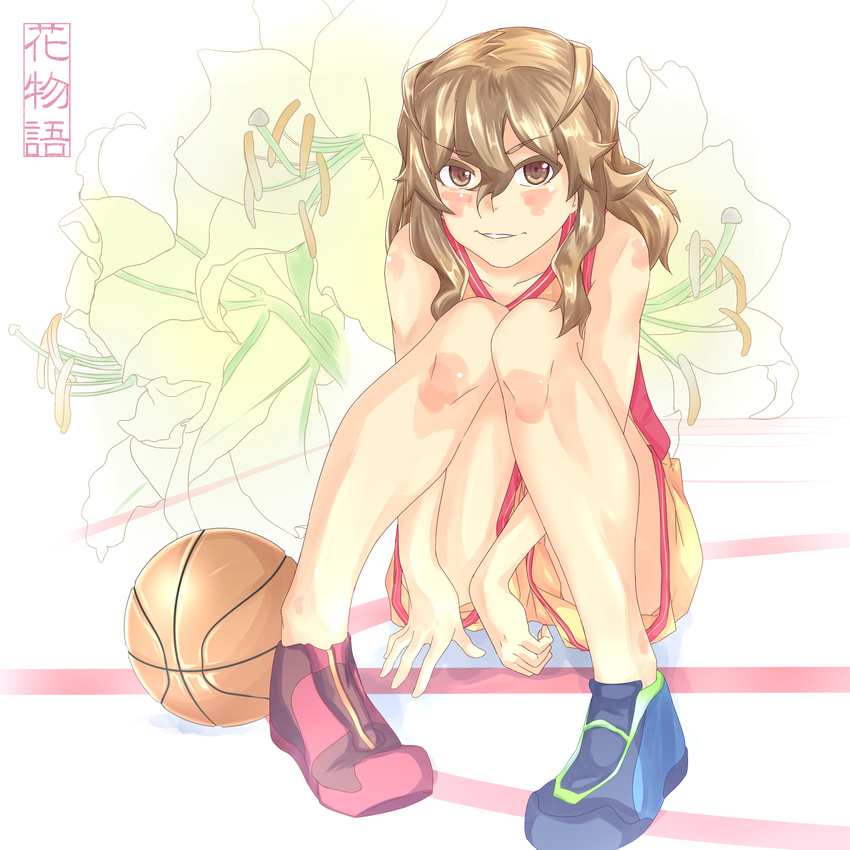 ball basketball basketball_uniform blush brown_eyes brown_hair floral_background flower hanamonogatari highres hisa_tsuki knees_touching lily_(flower) long_hair mismatched_footwear monogatari_(series) no_socks numachi_rouka pigeon-toed shoes sitting sneakers solo sportswear