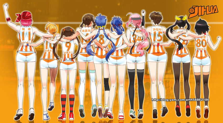 ahoge arm_around_shoulder arm_around_waist ass backboob bandana basketball basketball_uniform black_hair black_legwear blue_hair bow breasts brown_hair character_request commentary_request from_behind ge_xi hair_bow headband height_difference jumping knee_brace kneepits large_breasts lineup long_hair long_legs low_twintails multiple_girls orange_hair original pantyhose pink_hair ponytail red_legwear shoes short_hair short_ponytail short_shorts shorts sneakers socks sportswear striped striped_legwear thighhighs twintails uniform_number watermark web_address white_legwear