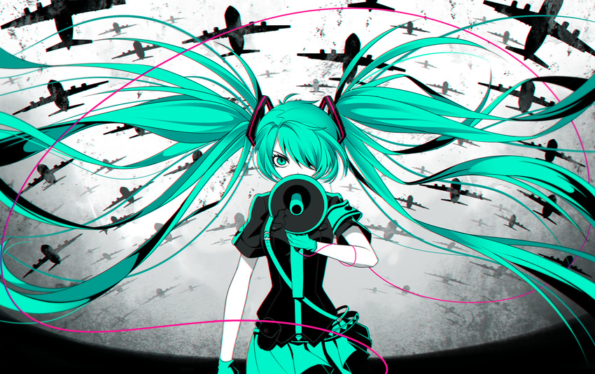 aircraft airplane armband gloves green_eyes green_gloves green_hair hair_over_one_eye hatsune_miku highres holding koi_wa_sensou_(vocaloid) long_hair looking_at_viewer megaphone pleated_skirt rimuu shirt short_sleeves silhouette skirt solo twintails very_long_hair vocaloid