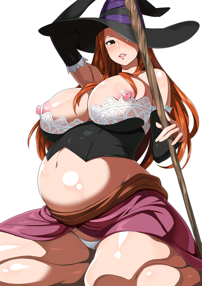 1girl blush bra breasts bukkake cum dragon's_crown dragon's_crown female gradient gradient_background hat hat_over_one_eye highres kneeling large_breasts long_hair looking_at_viewer midriff monster nipples open_clothes open_mouth open_skirt panties plump pregnant shin'ya_(shin'yanchi) shin'ya_(shin'yanchi) shiny shiny_skin simple_background skirt solo sorceress_(dragon's_crown) sorceress_(dragon's_crown) staff underwear vanillaware weapon white_panties witch_hat