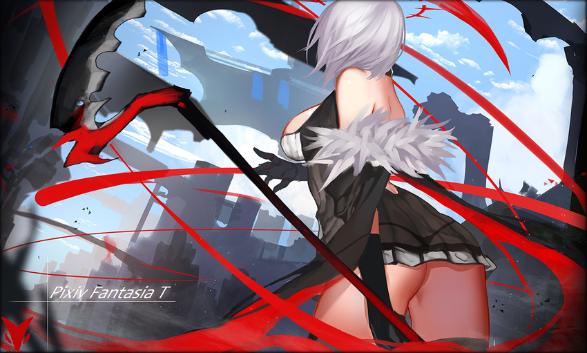 bad_id bad_pixiv_id breasts from_behind large_breasts looking_away pixiv_fantasia pixiv_fantasia_t scythe see-through short_hair silver_hair solo thong xiaoshou_xiansheng