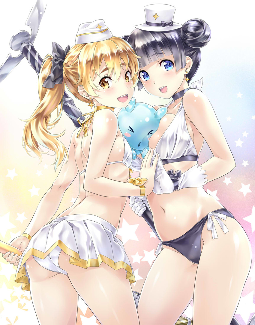 &gt;_&lt; :d ass between_breasts black_hair black_panties blonde_hair blue_eyes blush_stickers bow breasts choker closed_eyes double_bun earrings flat_chest girl_sandwich gloves hair_bow hair_bun hands_together hat highres hikaru_(houkago_no_pleiades) holding houkago_no_pleiades itsuki_(houkago_no_pleiades) jewelry long_hair looking_at_viewer multiple_girls nagayori navel open_mouth panties pleiadean ponytail ribbon sandwiched shiny shiny_skin skirt smile underwear white_gloves white_panties wrist_ribbon yellow_eyes