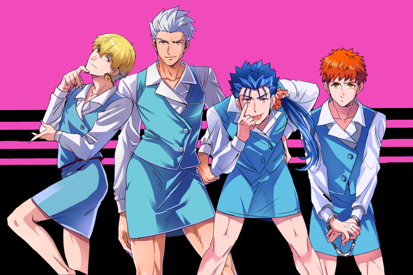 archer bad_id bad_pixiv_id blonde_hair blue_hair crossdressing emiya_shirou fate/stay_night fate_(series) gilgamesh highres multiple_boys orange_hair shimo_(s_kaminaka) stewardess white_hair