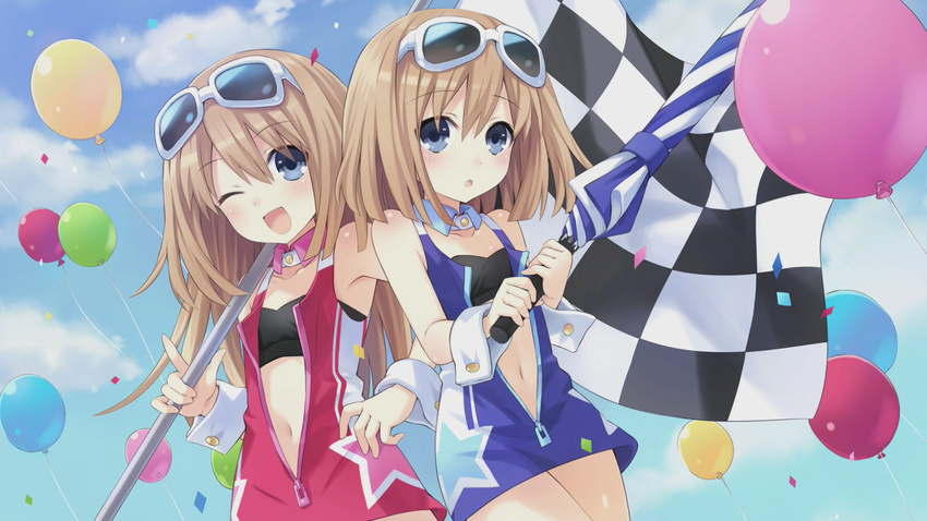 :o ;d balloon blue_eyes brown_hair checkered checkered_flag cloud collarbone confetti day detached_collar eyewear_on_head flag flat_chest highres holding holding_umbrella index_finger_raised long_hair multiple_girls navel neptune_(series) non-web_source official_art one_eye_closed open_mouth outdoors race_queen ram_(choujigen_game_neptune) rom_(choujigen_game_neptune) shin_jigen_game_neptune_vii short_hair siblings sisters sky smile star sunglasses tsunako twins umbrella wrist_cuffs