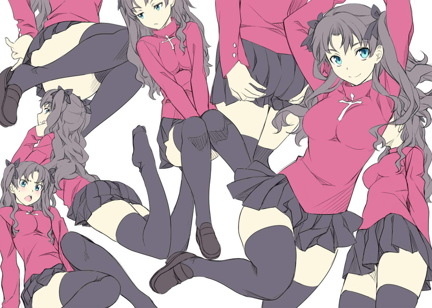 :&lt; aqua_eyes arms_behind_head between_legs breasts casual collage covering covering_ass fate/stay_night fate_(series) from_behind from_side hair_ribbon hand_between_legs large_breasts legs_up loafers lying multiple_views nagayori no_shoes on_stomach open_mouth pleated_skirt ribbon shoes simple_background sitting skirt smile thighhighs thighs toosaka_rin turtleneck white_background zettai_ryouiki
