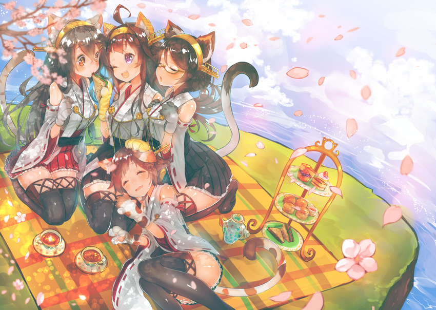 ;d ahoge animal_ears bangs bare_shoulders black_hair black_legwear blanket blush breast_suppress brown_eyes brown_hair cake cat_ears cherry_blossoms closed_eyes cloud cup detached_sleeves double_bun eating feeding food girl_sandwich glasses gloves hair_between_eyes hair_ornament hairband hairclip hanami hand_on_another's_head haruna_(kantai_collection) headgear heart heart-shaped_pupils hiei_(kantai_collection) holding holding_food horizon kantai_collection kemonomimi_mode kirishima_(kantai_collection) kongou_(kantai_collection) lap_pillow legs_folded long_hair lying multiple_girls nontraditional_miko on_side one_eye_closed open_mouth outdoors parted_bangs paw_gloves paws petals picnic pleated_skirt purple_eyes remodel_(kantai_collection) ribbon-trimmed_sleeves ribbon_trim sandwich sandwiched saucer seiza semi-rimless_eyewear short_hair sitting skirt sky smile suzuho_hotaru symbol-shaped_pupils tail tea_set teacup teapot thighhighs tiered_tray under-rim_eyewear very_long_hair water wide_sleeves