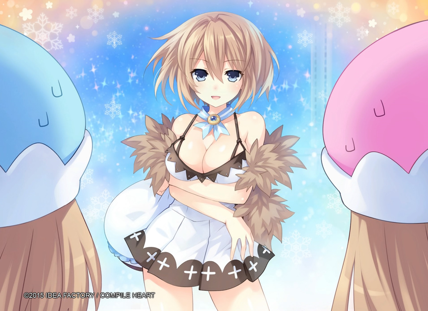 3girls alternate_breast_size bare_shoulders blanc blue_eyes blush breasts brown_hair cleavage company_name dress hat hat_removed headwear_removed highres holding holding_hat large_breasts lens_flare looking_at_viewer multiple_girls neck_ribbon neptune_(series) non-web_source official_art ram_(choujigen_game_neptune) ribbon rom_(choujigen_game_neptune) shin_jigen_game_neptune_vii short_hair siblings sisters skirt smile snowflakes sparkle sweatdrop tsunako twins watermark