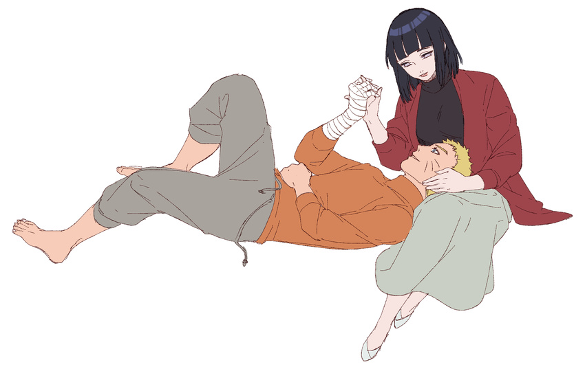 1boy 1girl alternate_hairstyle bandaged_arm couple hand_holding highres husband_and_wife hyuuga_hinata lap_pillow naruto naruto:_the_last noeunjung93 uzumaki_naruto