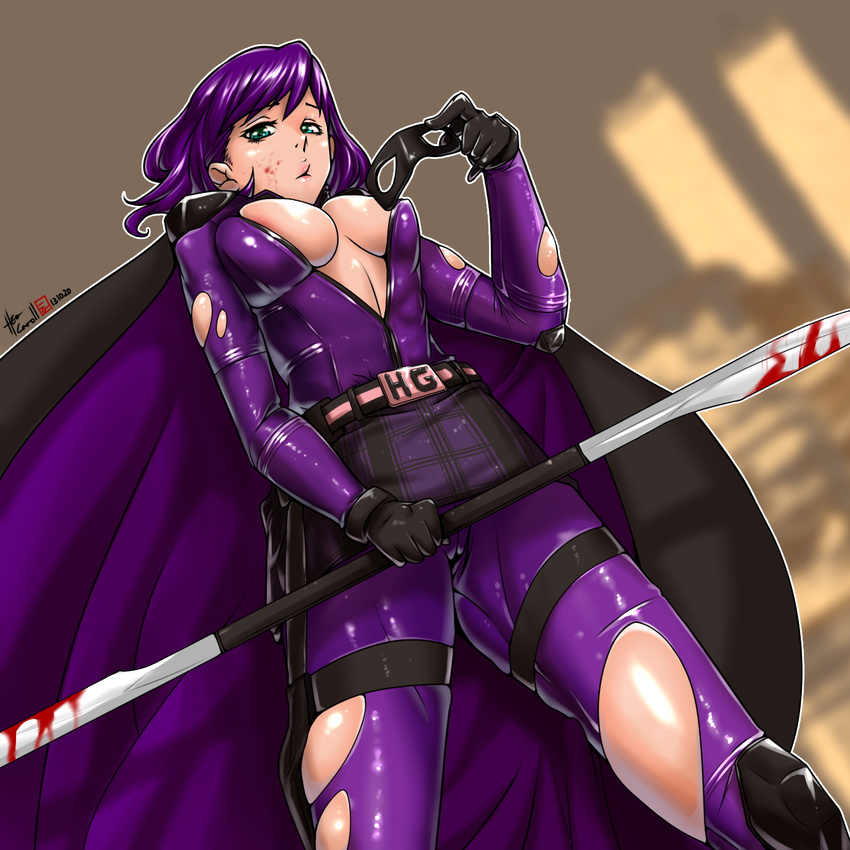 1girl blood bodysuit breasts cameltoe caooll cape cleavage hair hit-girl kick-ass large_breasts lips looking_at_viewer mask older purple purple_hair solo torn_clothes weapon