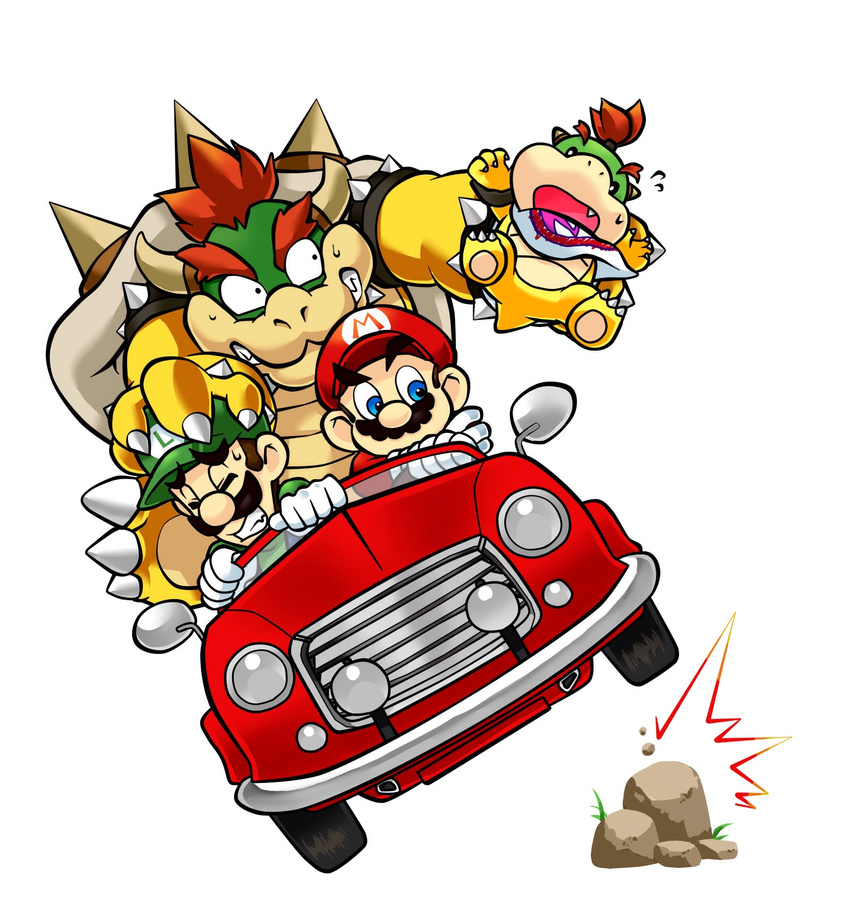 artist_request bad_id bad_pixiv_id blue_eyes bowser bowser_jr. brothers car clenched_teeth closed_eyes driving facial_hair fang father_and_son gloves ground_vehicle hat highres horns luigi mario mario_(series) monster motor_vehicle multiple_boys mustache open_mouth red_hair rock siblings super_mario_bros. sweatdrop teeth white_gloves wrist_cuffs