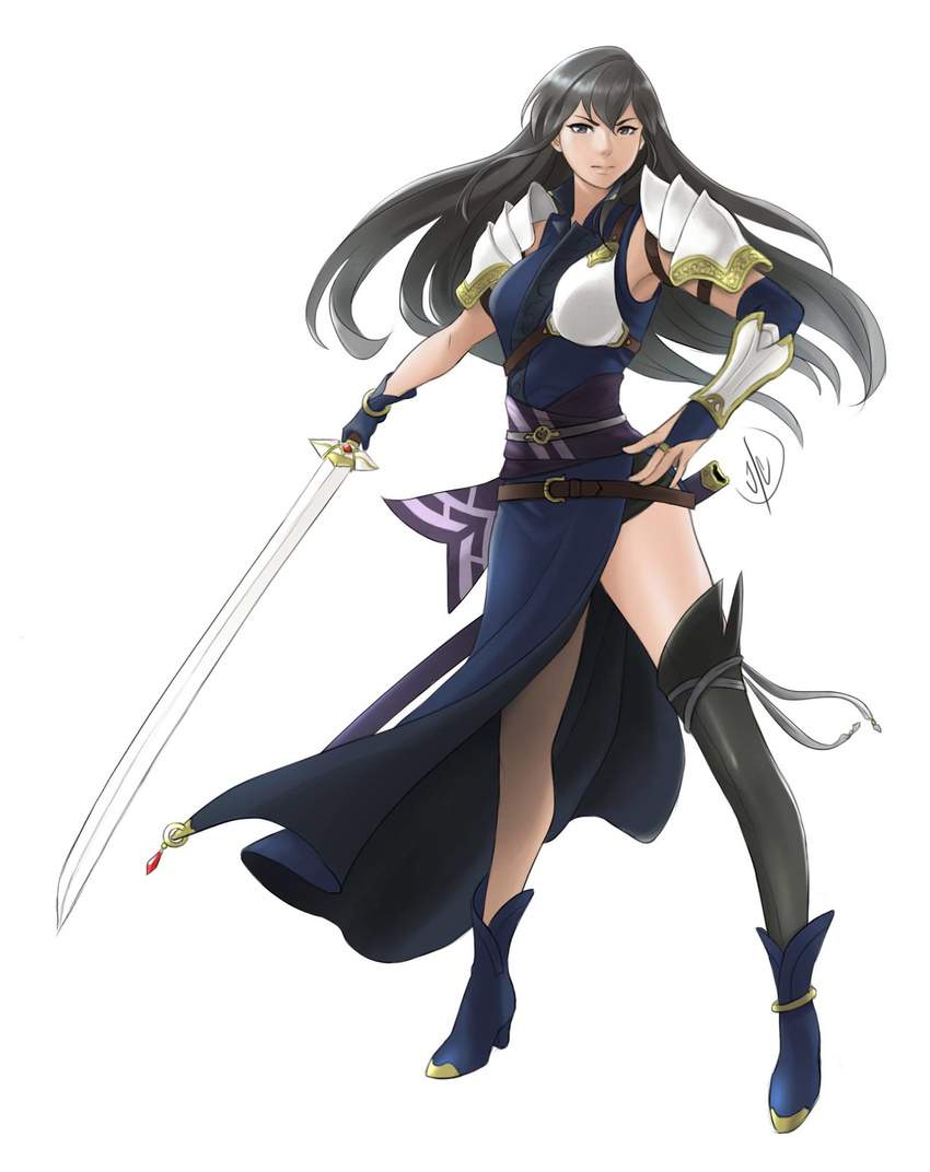 aira_(fire_emblem) ankle_boots armor black_hair black_legwear blue_footwear blue_gloves boots bracelet bridal_gauntlets detached_sleeves fire_emblem fire_emblem:_seisen_no_keifu full_body gloves grey_eyes hand_on_hip highres jewelry john_dimayuga long_hair long_legs mismatched_gloves muneate pauldrons sash scabbard sheath side_slit signature single_sleeve single_thighhigh solo sword thighhighs unsheathed vambraces weapon white_background