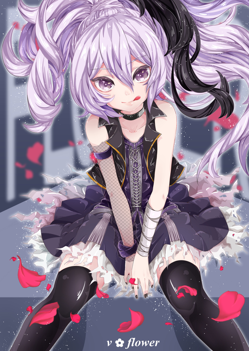 :p absurdres bandages bare_shoulders black_legwear black_nails character_name choker corset detached_sleeves fishnet_pantyhose fishnets flower flower_(vocaloid) high_ponytail highres long_hair looking_at_viewer multicolored_hair nail_polish pantyhose petals ponytail purple_eyes purple_hair purple_skirt r@ito single_sleeve sitting skirt smile solo thighhighs tongue tongue_out two-tone_hair vest vocaloid zettai_ryouiki