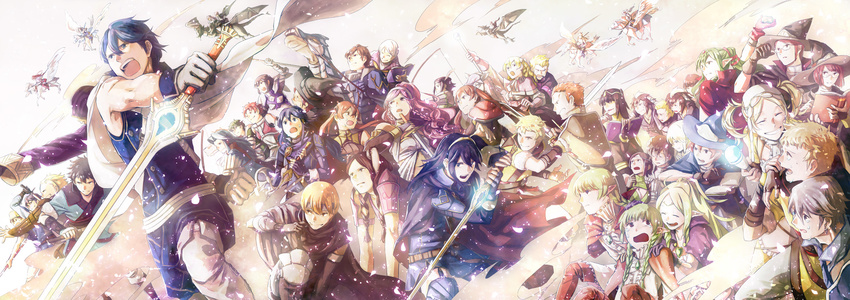 6+girls animal_ears armor azur_(fire_emblem) black_hair blonde_hair blue_eyes blue_hair book bow_(weapon) braid bredy_(fire_emblem) brown_eyes brown_hair bunny_ears callum_(fire_emblem) cape chambray chiki circlet closed_eyes crying crying_with_eyes_open cynthia_(fire_emblem) degel donny_(fire_emblem) dragon drawing_bow dual_persona eudes_(fire_emblem) everyone falchion_(fire_emblem) fighting_stance fire_emblem fire_emblem:_kakusei flying frederik_(fire_emblem) gaia_(fire_emblem) glasses gloves glowing glowing_sword glowing_weapon green_eyes green_hair grego group_picture group_profile hairband hat headband henry_(fire_emblem) highres holding holding_book holding_spear holding_staff holding_sword holding_weapon hood hood_up hooded_robe horseback_riding jerome_(fire_emblem) krom laurent lineup liz_(fire_emblem) long_hair long_sleeves lucina male_my_unit_(fire_emblem:_kakusei) mamkute mariabel_(fire_emblem) minerva_(fire_emblem:_kakusei) miriel_(fire_emblem) moppect multiple_boys multiple_girls my_unit_(fire_emblem:_kakusei) nn_(fire_emblem) noire_(fire_emblem) nono_(fire_emblem) olivia_(fire_emblem) orange_hair pegasus_knight pink_hair pointy_ears polearm ponytail pot pot_on_head profile red_eyes red_hair richt_(fire_emblem) riding ronku selena_(fire_emblem) serge_(fire_emblem) shirt short_hair short_twintails sleeveless sleeveless_shirt smile soiree solt_(fire_emblem) spear staff sumia sword tears tharja tiamo tiara time_paradox twin_braids twintails velvet_(fire_emblem) viole_(fire_emblem) weapon white_hair witch_hat wyck wyvern