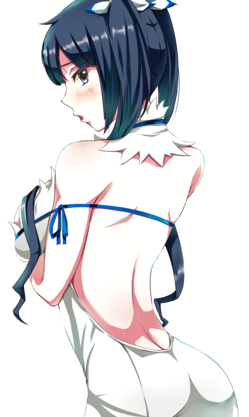 absurdres ass backless_outfit between_breasts blue_eyes blue_hair blue_ribbon breast_hold breasts dress dungeon_ni_deai_wo_motomeru_no_wa_machigatteiru_darou_ka from_behind hestia_(danmachi) highres large_breasts long_hair looking_at_viewer looking_back mr_kuro_otoko open_mouth rei_no_himo ribbon solo strap_cleavage twintails white_dress