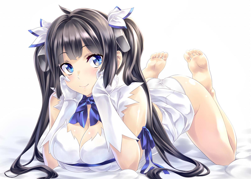 arm_ribbon barefoot black_hair blue_eyes blue_ribbon blush bow breasts cleavage cleavage_cutout dress dungeon_ni_deai_wo_motomeru_no_wa_machigatteiru_darou_ka feet gloves hair_ribbon hands_on_own_cheeks hands_on_own_face hestia_(danmachi) large_breasts legs_up long_hair lying nagayori on_stomach rei_no_himo ribbon skindentation soles solo the_pose toes twintails white_dress white_gloves
