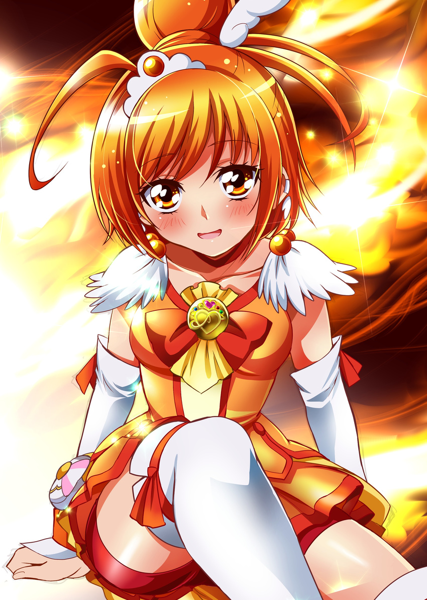 absurdres ahoge arm_warmers bad_id bad_pixiv_id bike_shorts blush bow brooch choker cure_sunny hair_bun highres hino_akane_(smile_precure!) jewelry magical_girl orange_(color) orange_bow orange_choker orange_eyes orange_hair orange_skirt precure sharumon short_hair shorts shorts_under_skirt sitting skirt smile smile_precure! solo thighhighs white_legwear