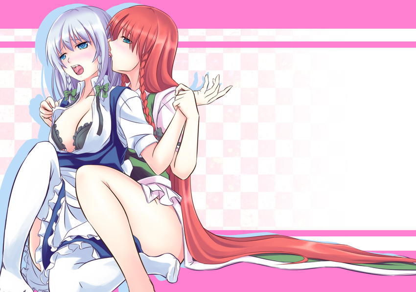 black_bra blue_eyes blush bow bra braid breasts cleavage ear_licking hair_bow hair_ribbon hakomaru_(pandora_box) highres hong_meiling izayoi_sakuya large_breasts licking long_hair multiple_girls ribbon thighhighs thighs touhou twin_braids unbuttoned underwear very_long_hair wrist_grab yuri